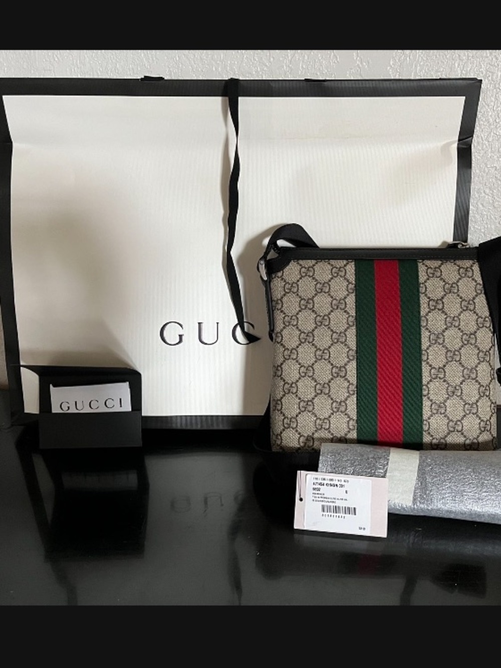 Gucci Beige GG Canvas Messenger Bag with Green and Red Web Stripe